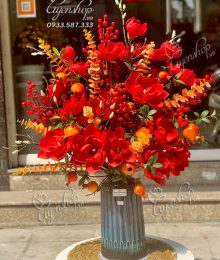 Hoa lụa, hoa giả Uyên shop, Bình hoa mộc lan đỏ