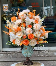 Hoa lụa, hoa giả Uyên shop, Bình Hoa Xanh Tone Kem