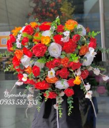 Hoa lụa, hoa giả Uyên shop, Lãng Hoa Bục Phát Biểu Tone Đỏ