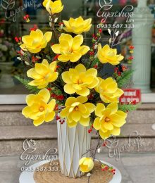 Hoa lụa, hoa giả Uyên shop, Bình Hoa Mộc Lan Vàng