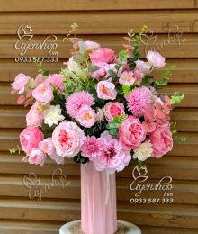 Hoa lụa, hoa giả Uyên shop, Bình Hoa Lụa Tone Hồng