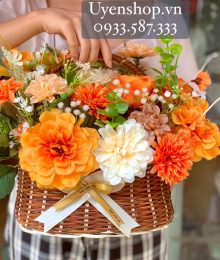 Hoa lụa, hoa giả Uyên shop, Giỏ Hoa Lụa Tone Cam