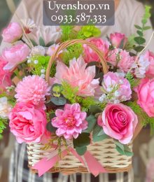 Hoa lụa, hoa giả Uyên shop, Giỏ Hoa Lụa Tone Hồng