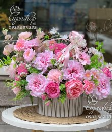 Hoa lụa, hoa giả Uyên shop, Giỏ Hoa Lụa Tone Hồng