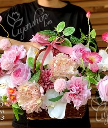 Hoa lụa, hoa giả Uyên shop, Giỏ Hoa Nhỏ Tone Hồng