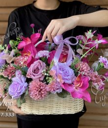 Hoa lụa, hoa giả Uyên shop, Giỏ Hoa Nhỏ Tone Tím