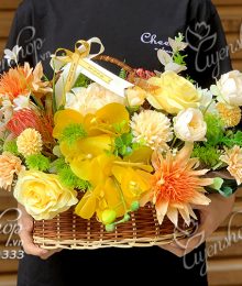 Hoa lụa, hoa giả Uyên shop, Giỏ Hoa Nhỏ Tone Cam