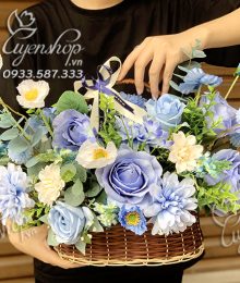 Hoa lụa, hoa giả Uyên shop, Giỏ Hoa Nhỏ Tone Xanh