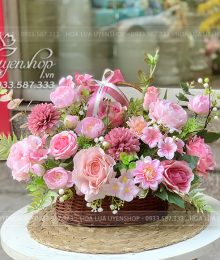 Hoa lụa, hoa giả Uyên shop, Giỏ Hoa Lụa Tone Hồng