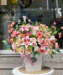 Hoa lụa, hoa giả Uyên shop, Giỏ Hoa Lụa Tone Hồng