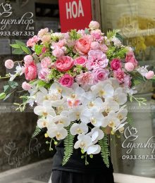 Hoa lụa, hoa giả Uyên shop, Lãng Hoa Bục Phát Biểu Tone Hồng