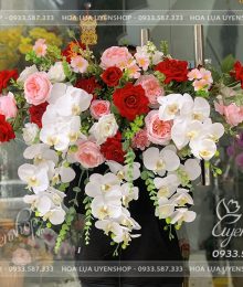 Hoa lụa, hoa giả Uyên shop, Lãng Hoa Bục Phát Biểu Tone Đỏ