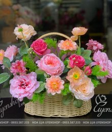 Hoa lụa, hoa giả Uyên shop, Giỏ Hoa Lụa Tone Hồng