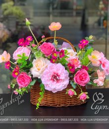 Hoa lụa, hoa giả Uyên shop, Giỏ Hoa Lụa Tone Hồng