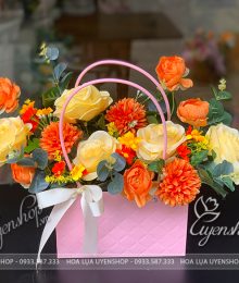 Hoa lụa, hoa giả Uyên shop, Túi Hoa Lụa Tone Vàng Cam