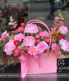 Hoa lụa, hoa giả Uyên shop, Giỏ/Túi Xách Hoa Lụa Tone Hồng