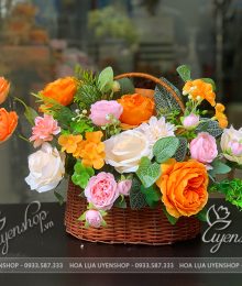 Hoa lụa, hoa giả Uyên shop, Giỏ Hoa Lụa Tone Cam