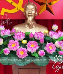 Hoa lụa, hoa giả Uyên shop, Hoa Sen Nghệ Nhân Cao Cấp Để Bục Tượng Bác
