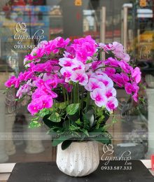 Hoa lụa, hoa giả Uyên shop, Chậu Lan Hồ Điệp Trắng Tím