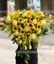 Hoa lụa, hoa giả Uyên shop, Hoa Lụa Trang Trí Bục Phát Biểu Tone Vàng