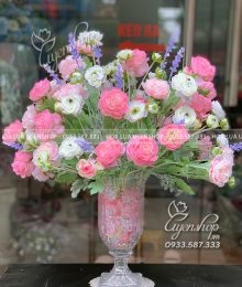 Hoa lụa, hoa giả Uyên shop, Ly Hoa Lụa Mao Lương Tone Hồng