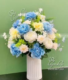 Hoa lụa, hoa giả Uyên shop, Bình Hoa Lụa Tone Xanh Để Phòng Khách