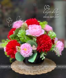 Lọ Hoa Lụa Nhỏ Tone Đỏ Hoa lụa, hoa giả Uyên shop, Lọ Hoa Lụa Nhỏ Tone Đỏ