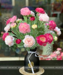 Bình Hoa Trà Mao Lương Tone Hồng Hoa lụa, hoa giả Uyên shop, Bình Hoa Trà Mao Lương Tone Hồng