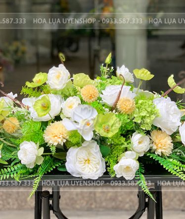 Hoa lụa, hoa giả Uyên shop, Lãng Hoa Bàn Bàn Họp Tone Xanh Cốm