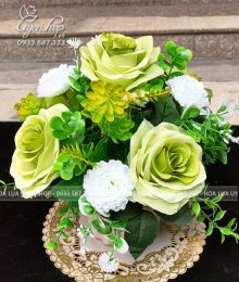 Lọ Hoa Hồng Nhỏ Tone Xanh Cốm Hoa lụa, hoa giả Uyên shop, Lọ Hoa Hồng Nhỏ Tone Xanh Cốm