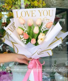 Bó Hoa Tulip Hồng Phấn Hoa lụa, hoa giả Uyên shop, Bó Hoa Tulip Hồng Phấn