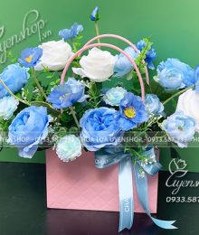 Hoa lụa, hoa giả Uyên shop, Giỏ Hoa Lụa Tone Xanh