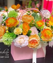 Hoa lụa, hoa giả Uyên shop, Giỏ Hoa Tone Cam Rực Rỡ
