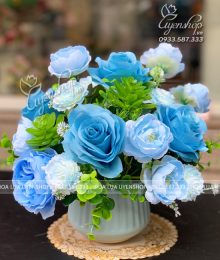 Lọ Hoa Nhỏ Để Bàn Tone Xanh Hoa lụa, hoa giả Uyên shop, Lọ Hoa Nhỏ Để Bàn Tone Xanh