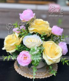 Lọ Hoa Hồng Vàng Để Bàn Hoa lụa, hoa giả Uyên shop, Lọ Hoa Hồng Vàng Để Bàn