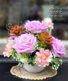Lọ Hoa Hồng Tím Để Bàn Hoa lụa, hoa giả Uyên shop, Lọ Hoa Hồng Tím Để Bàn