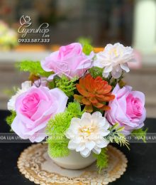 Hoa lụa, hoa giả Uyên shop, Lọ Hoa Hồng Nhỏ Để Bàn