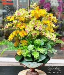 Thuyền Lan Tiểu Hồ Điệp Tone Vàng Hoa lụa, hoa giả Uyên shop, Thuyền Lan Tiểu Hồ Điệp Tone Vàng