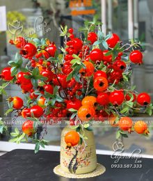 Bình Lựu Đỏ Họa Tiết Hoa Đào Hoa lụa, hoa giả Uyên shop, Bình Lựu Đỏ Họa Tiết Hoa Đào