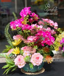 Chậu Lan Tiểu Hồ Điệp Mix Tone Hồng Hoa lụa, hoa giả Uyên shop, Chậu Lan Tiểu Hồ Điệp Mix Tone Hồng