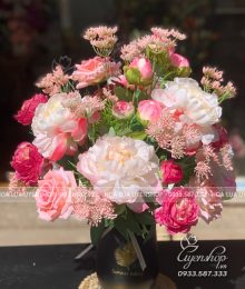 Hoa lụa, hoa giả Uyên shop, Bình Hoa Mẫu Đơn Tone Hồng