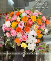 Hoa lụa, hoa giả Uyên shop, Lãng Hoa  Bục Phát Biểu Tone Cam