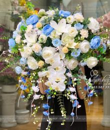 Hoa lụa, hoa giả Uyên shop, Lãng Hoa Bục Phát Biểu Tone Xanh