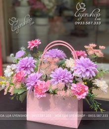 Hoa lụa, hoa giả Uyên shop, Giỏ Hoa Lụa Nhỏ Tone Tím