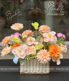 Hoa lụa, hoa giả Uyên shop, Giỏ Hoa Lụa Tone Cam Pastel