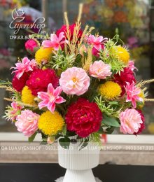 Hoa lụa, hoa giả Uyên shop, Bình Hoa Mẫu Đơn Để Bàn