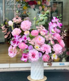 Hoa lụa, hoa giả Uyên shop, BÌnh Hoa Lụa Tone Hồng