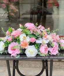 Hoa lụa, hoa giả Uyên shop, Lãng Hoa Để Bàn Họp Nhỏ Tone Hồng Pastel