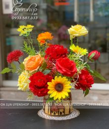 Hoa lụa, hoa giả Uyên shop, Lọ Hoa Để Bàn Tone Đỏ