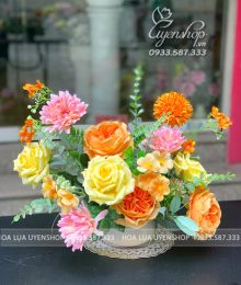 Hoa lụa, hoa giả Uyên shop, Lọ Hoa Để Bàn Tone Cam